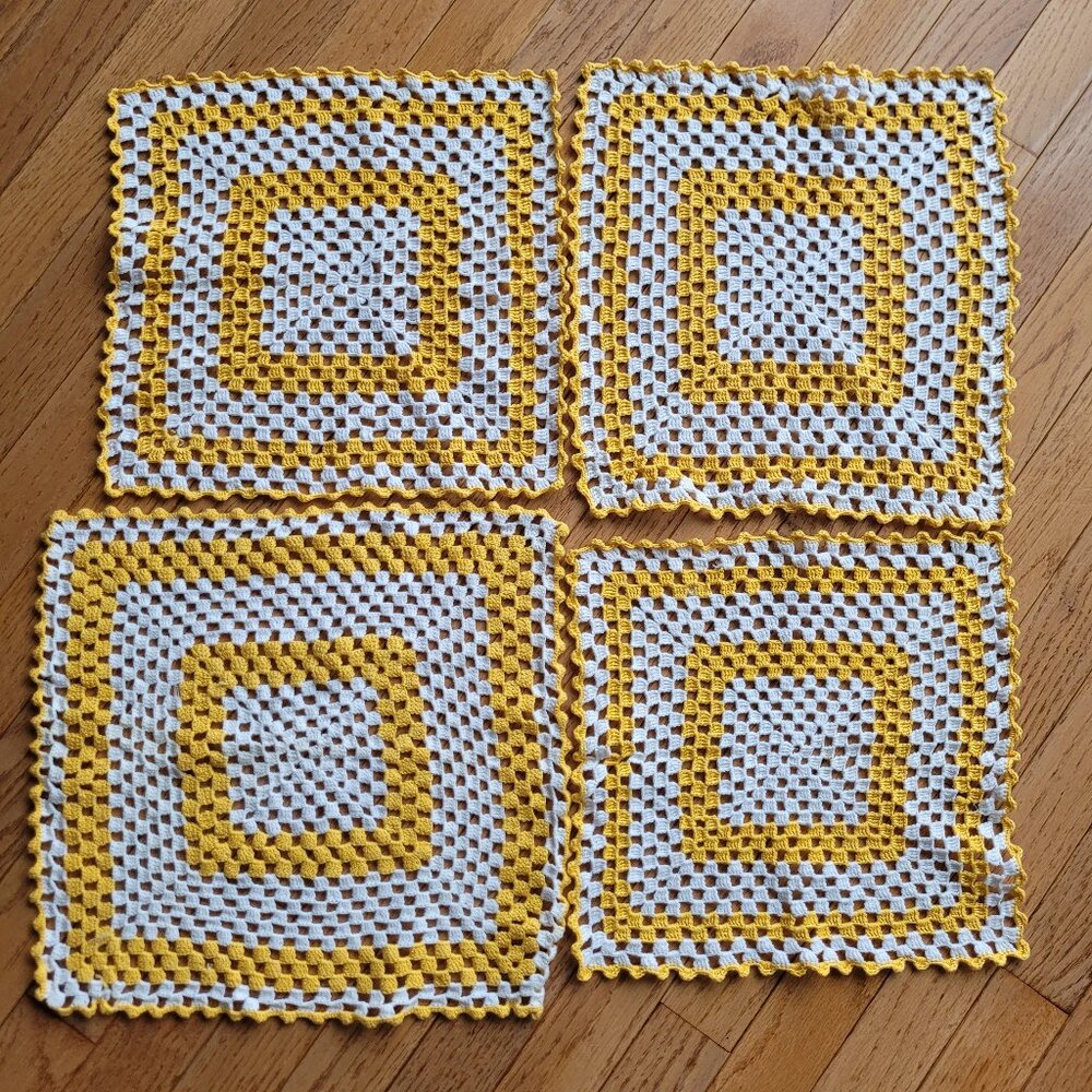 Crochet Granny Square Table Top Placemats Set of 4 Handmade Yellow
